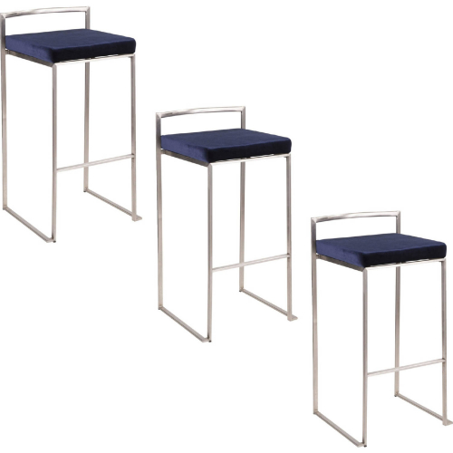 Fuji 30" Stackable Bar Stool in Stainless Steel & Blue Velvet (Set of 3)